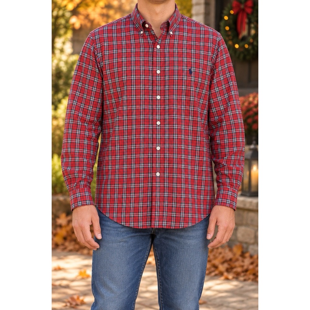 Ralph Lauren Blue Label Mens XL Red Tartan Plaid Cotton Button Down Shirt